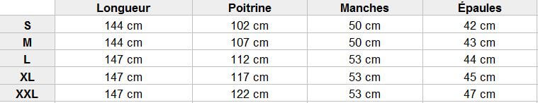 Guide des tailles robe en mousseline de soie